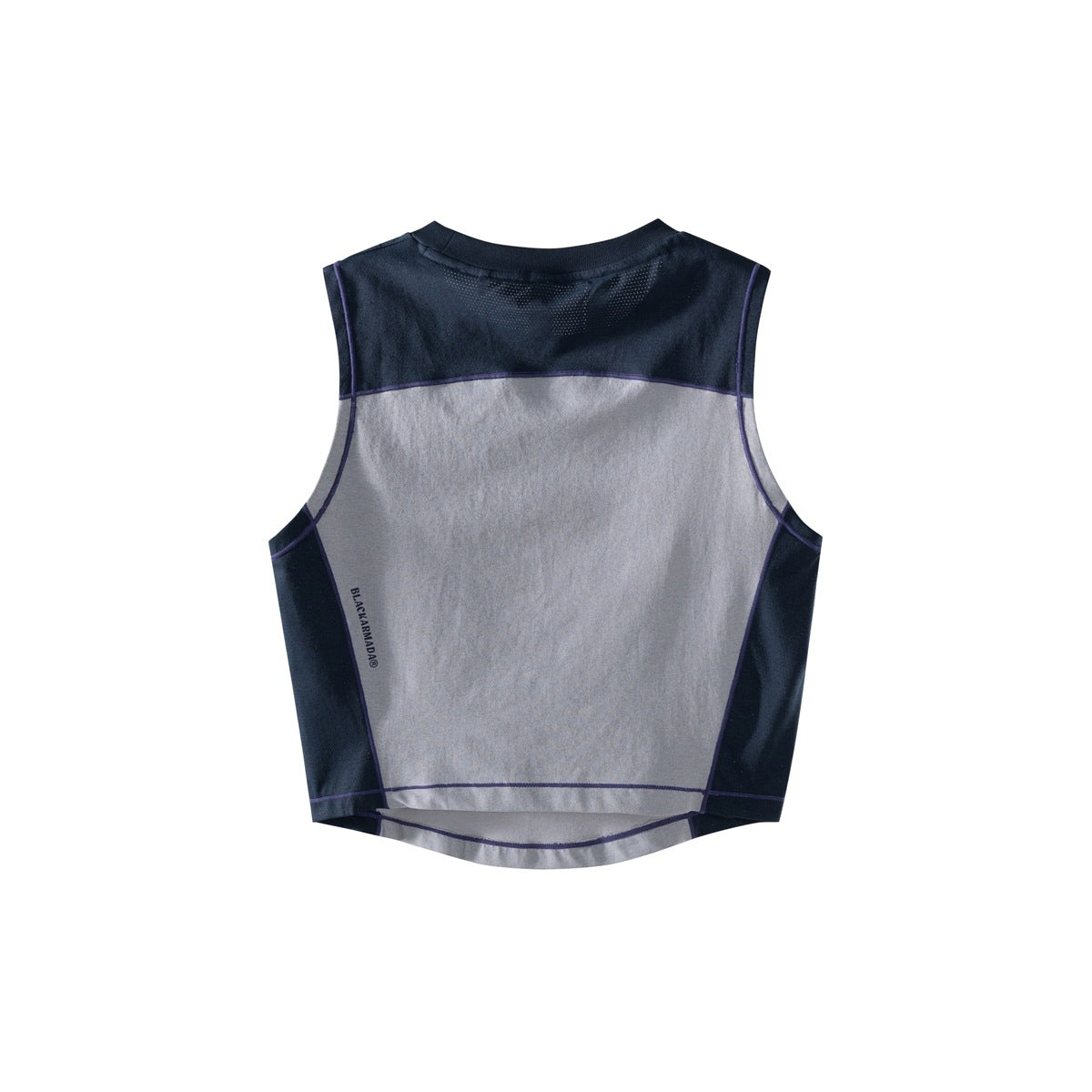 Back view of a sleeveless top with navy panels, a light gray center, and purple piping.