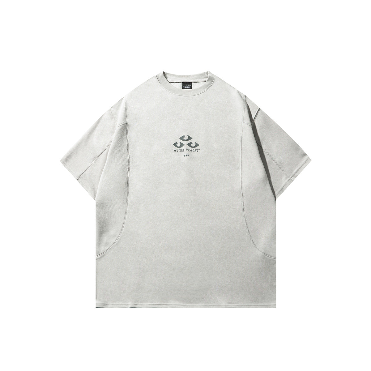 Khaki short-sleeve crew-neck T-shirt with curved side seams and a small three-eyes chest print, flat front view