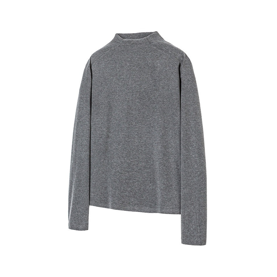 Gray heathered long-sleeve mock neck top laid flat on white background