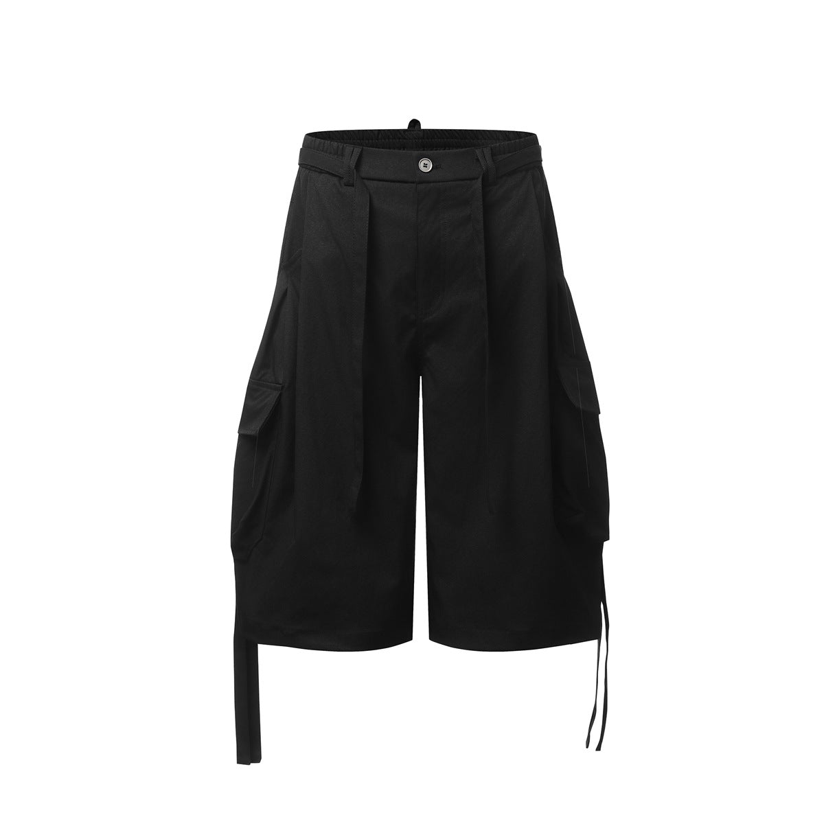 Black knee-length cargo shorts with elastic waistband, tie belt, side flap pockets and hanging straps, front view