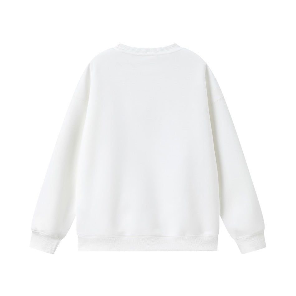 Back view of plain white crewneck sweatshirt with ribbed collar, cuffs and hem