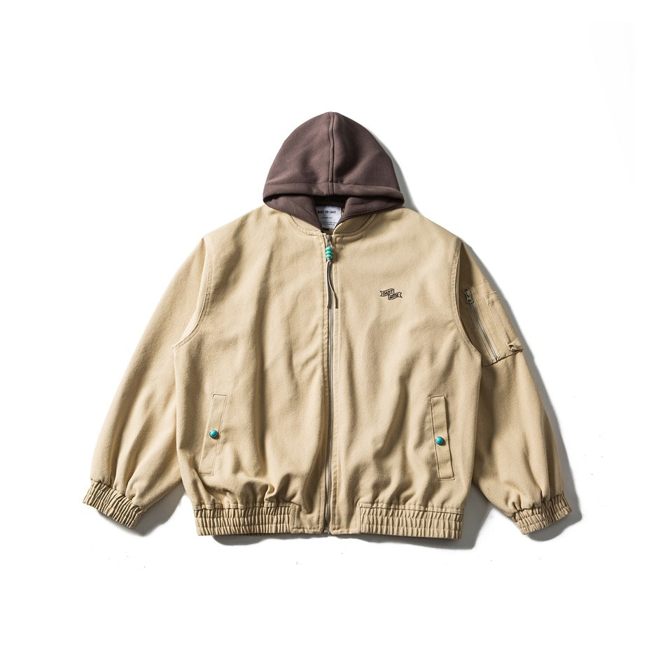 Khaki zip-front bomber-style jacket with brown layered hood, elastic cuffs and hem, and turquoise snap pocket buttons