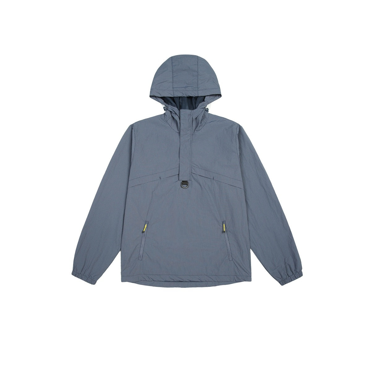 Blue hooded half-zip pullover jacket flat lay with D-ring, zip pockets and elastic cuffs