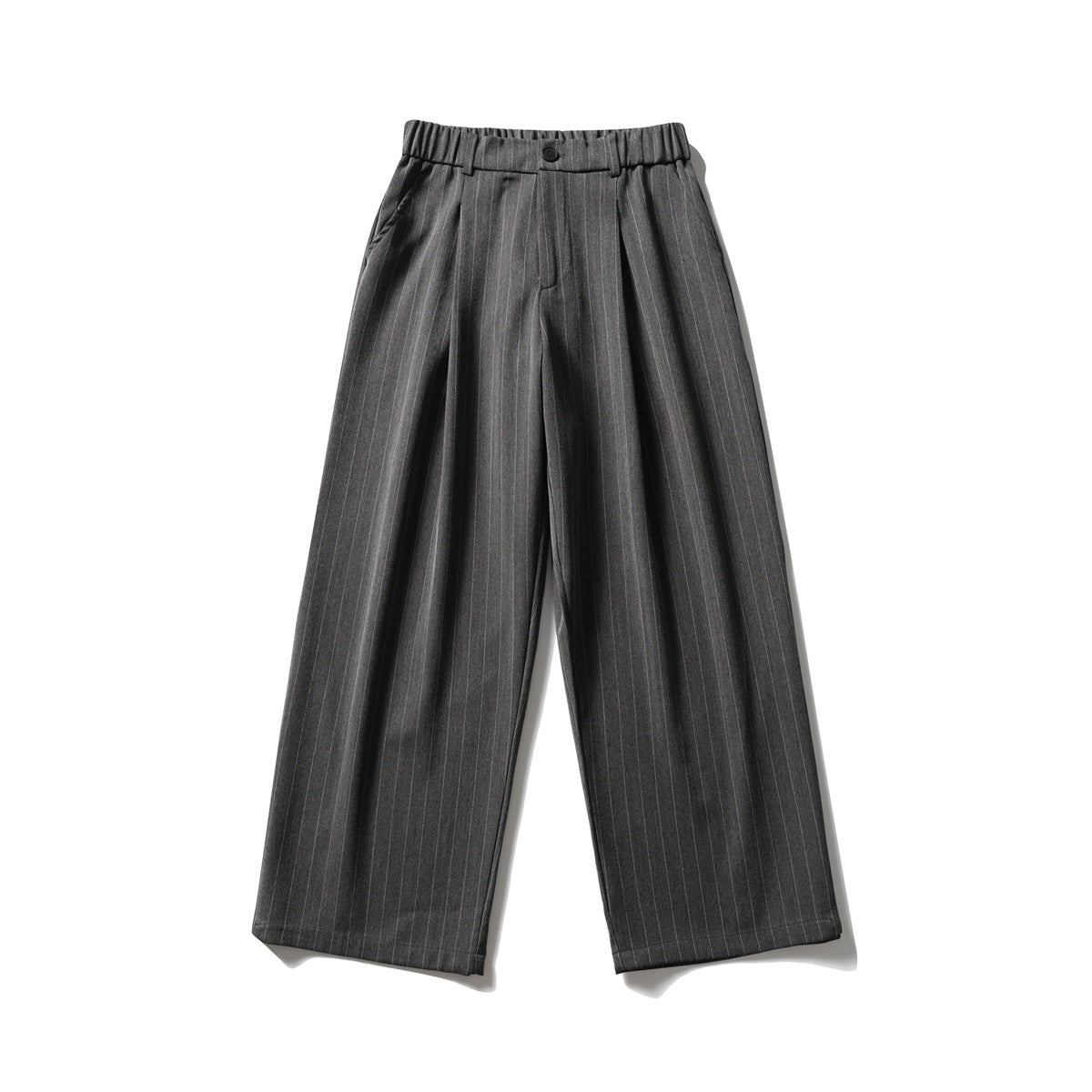 Dark gray pinstriped wide-leg trousers with elastic waistband, front pleats and button closure, flat lay front view