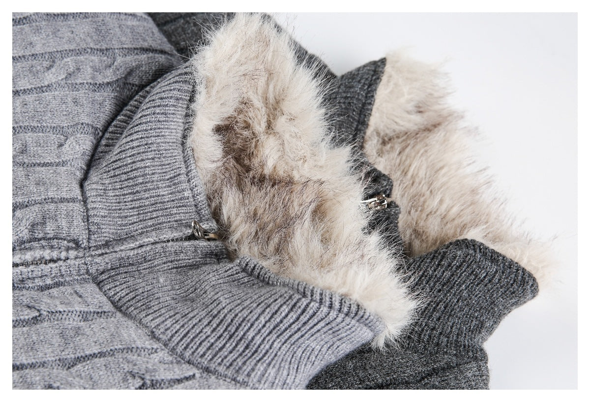 Close-up of light and dark gray cardigan collars showing cream faux-fur lining and zipper hardware.