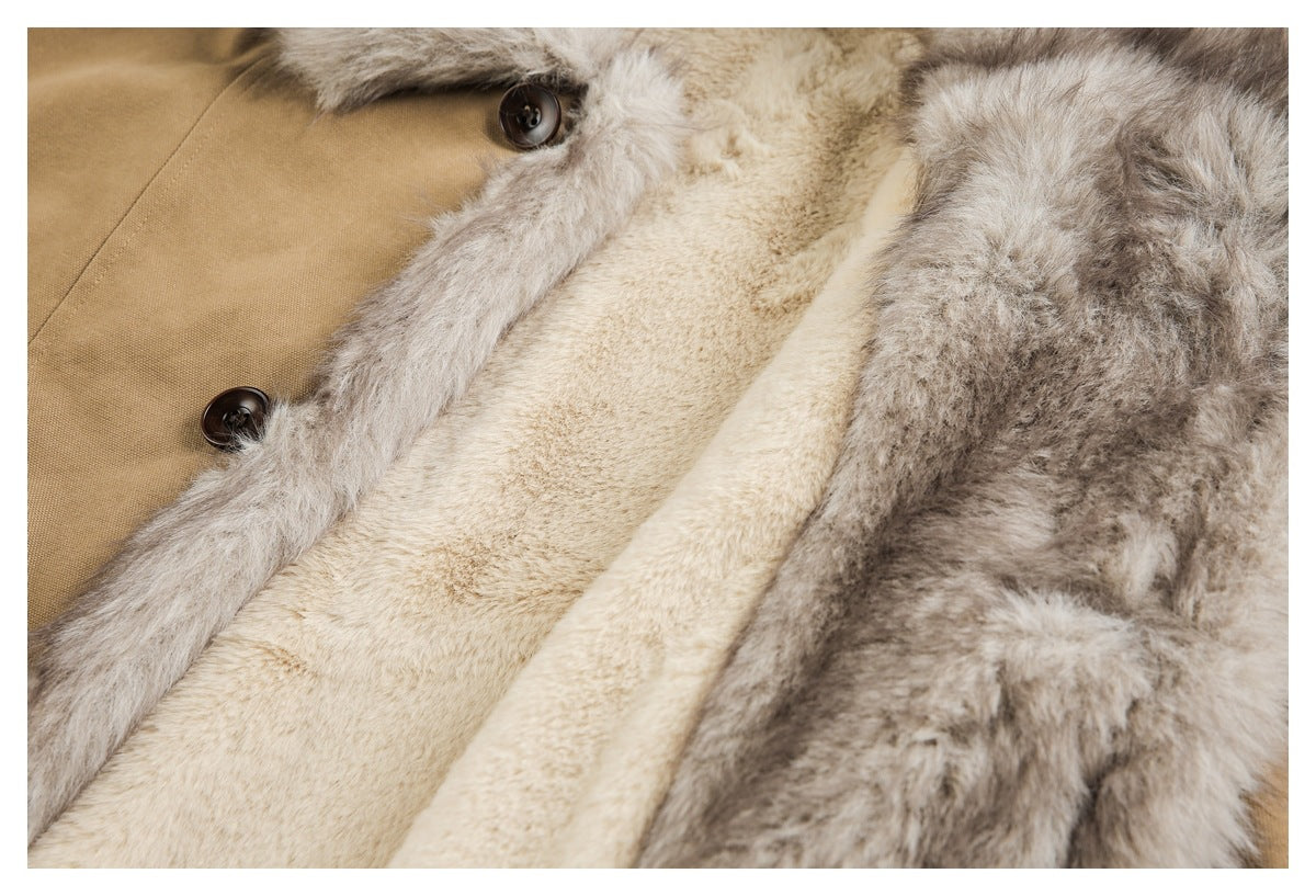 Open tan coat showing cream and gray faux-fur lining and two dark buttons.