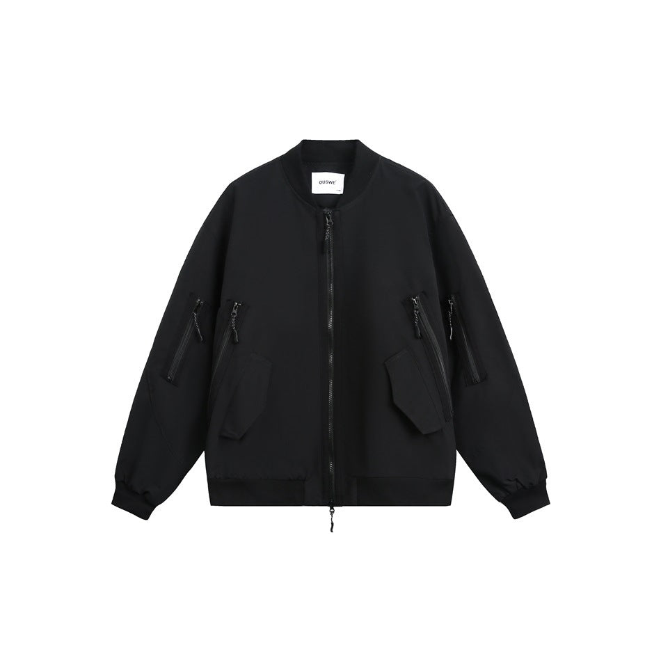 Black bomber-style jacket with ribbed collar, cuffs and hem, front zipper, flap pockets and zippered sleeve pockets