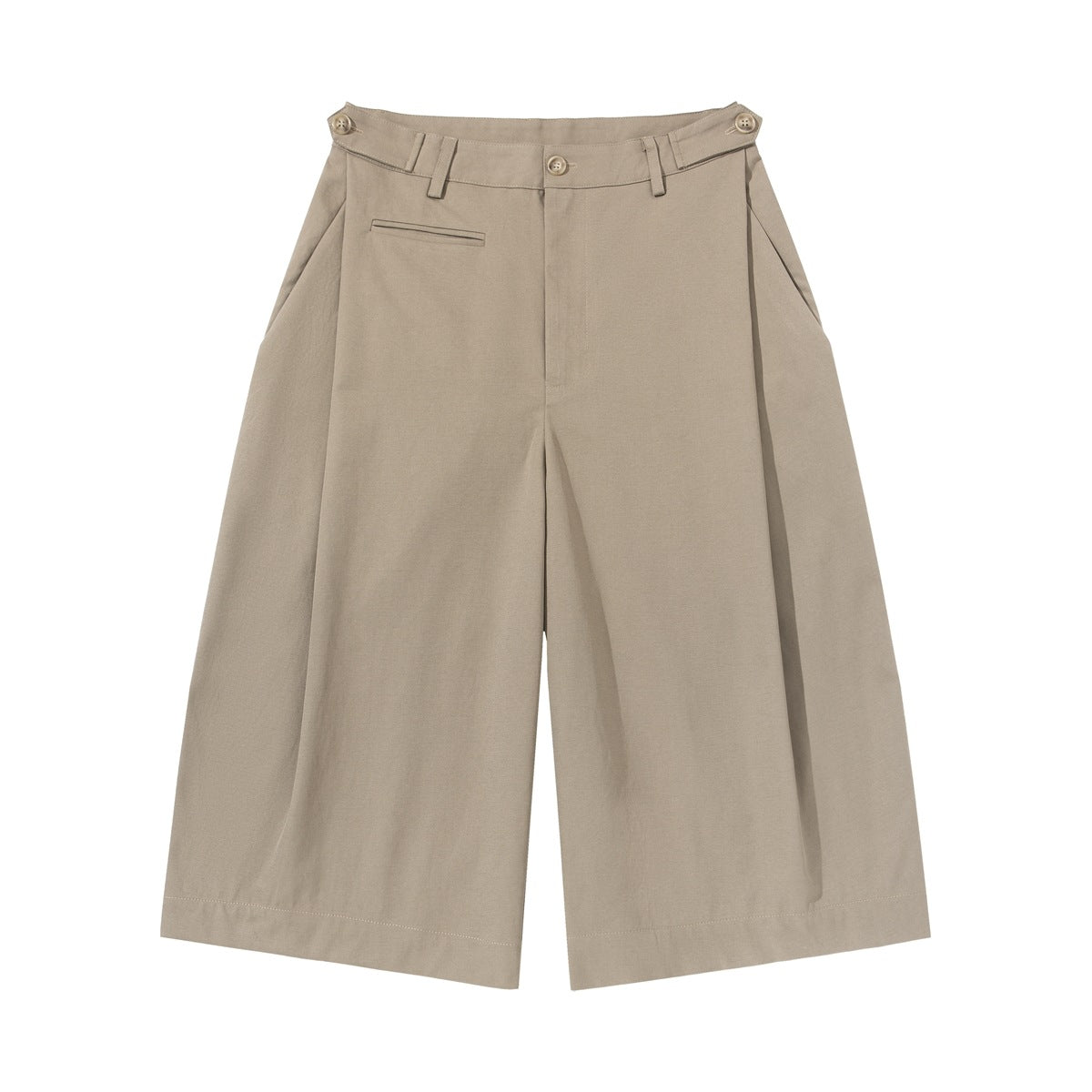 Khaki knee-length wide-leg pleated shorts, front flat lay with belt loops, side waist tabs and welt pocket