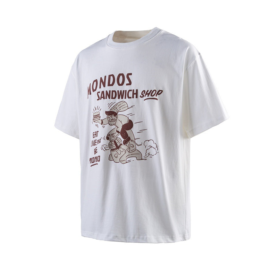 White short-sleeve T-shirt with a brown sandwich-shop graphic and cartoon illustration on the front.