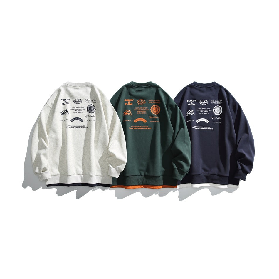 Three sweatshirts shown from the back in off-white, dark green, and navy, each with graphic text and emblems.