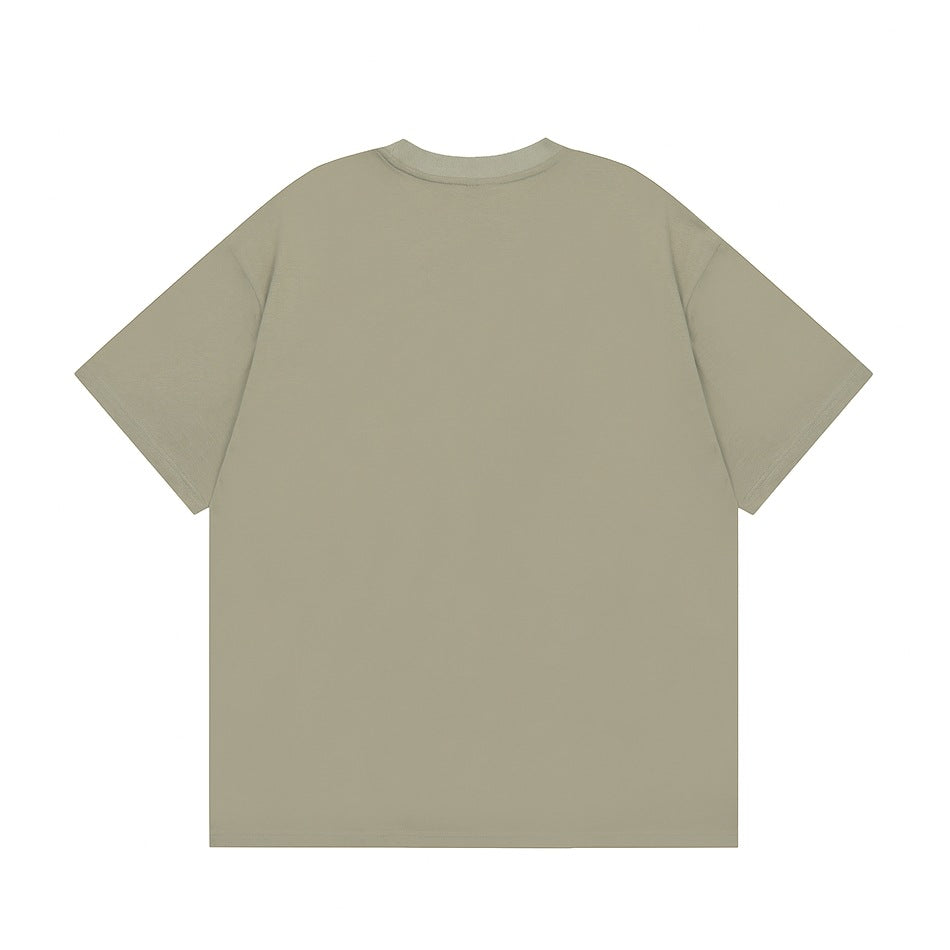 Back view of a plain muted olive-gray short-sleeve crew-neck T-shirt laid flat.