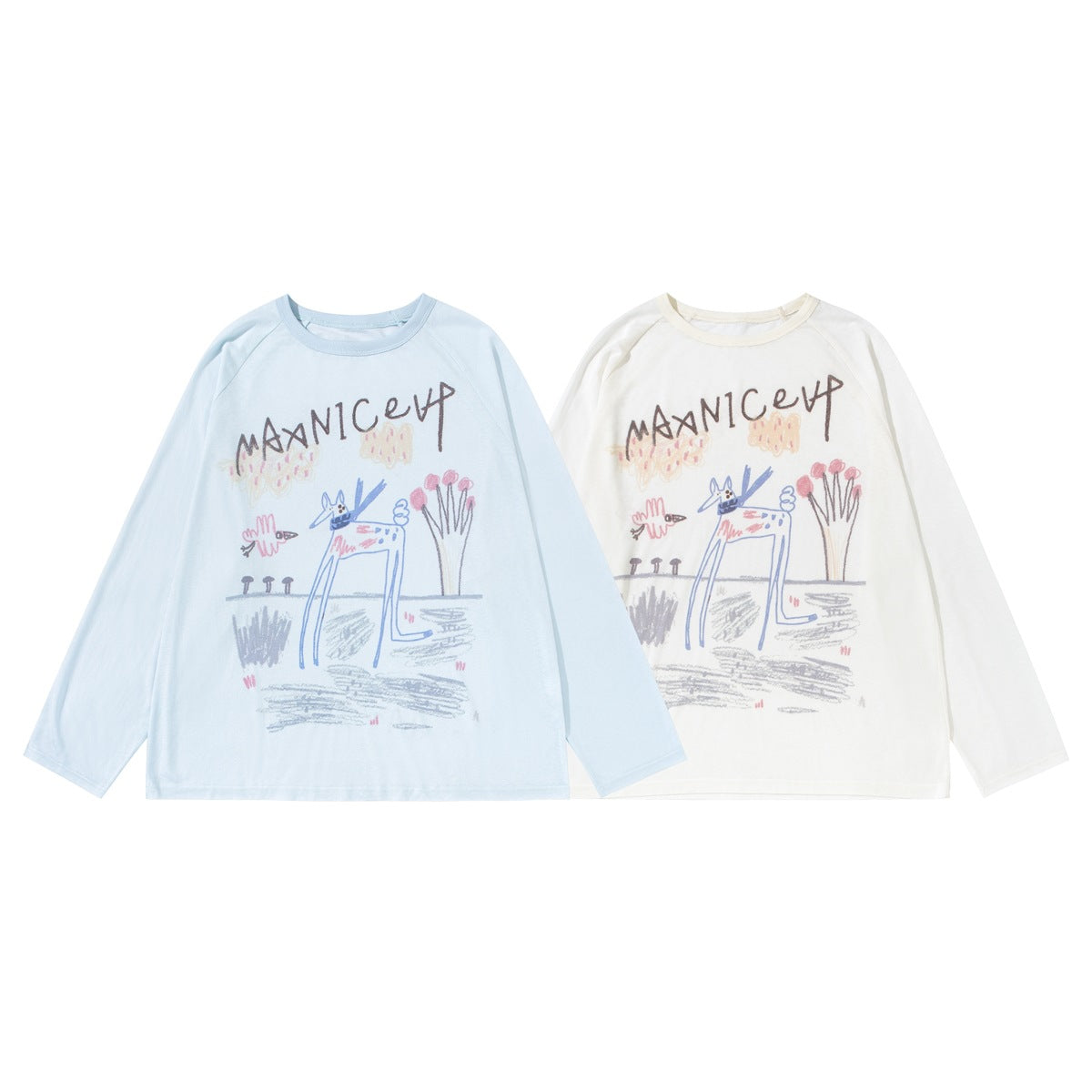 Front view of two long-sleeve shirts in pale blue and ivory, both with colorful hand-drawn animal and landscape prints.