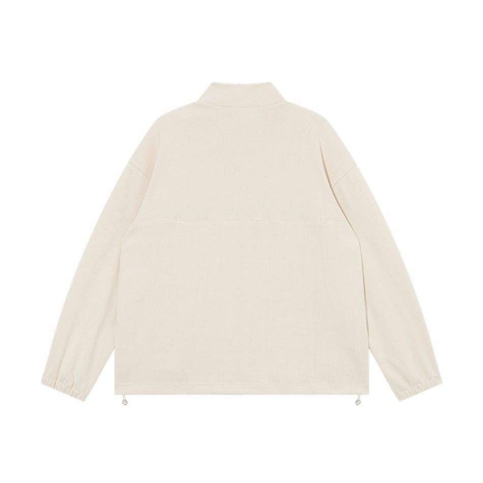 Back view of apricot half-zip pullover flat lay showing back seam, elastic cuffs and hem drawcord toggles