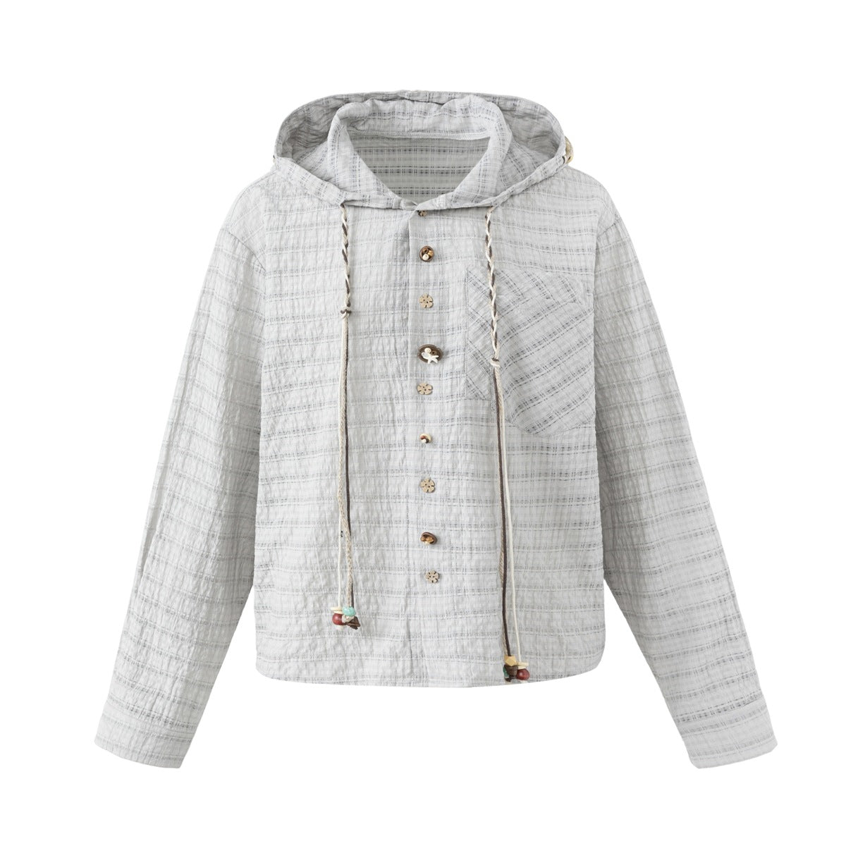 Light gray-blue plaid hooded button-front shirt jacket with beaded drawstrings and chest pocket, flat front view