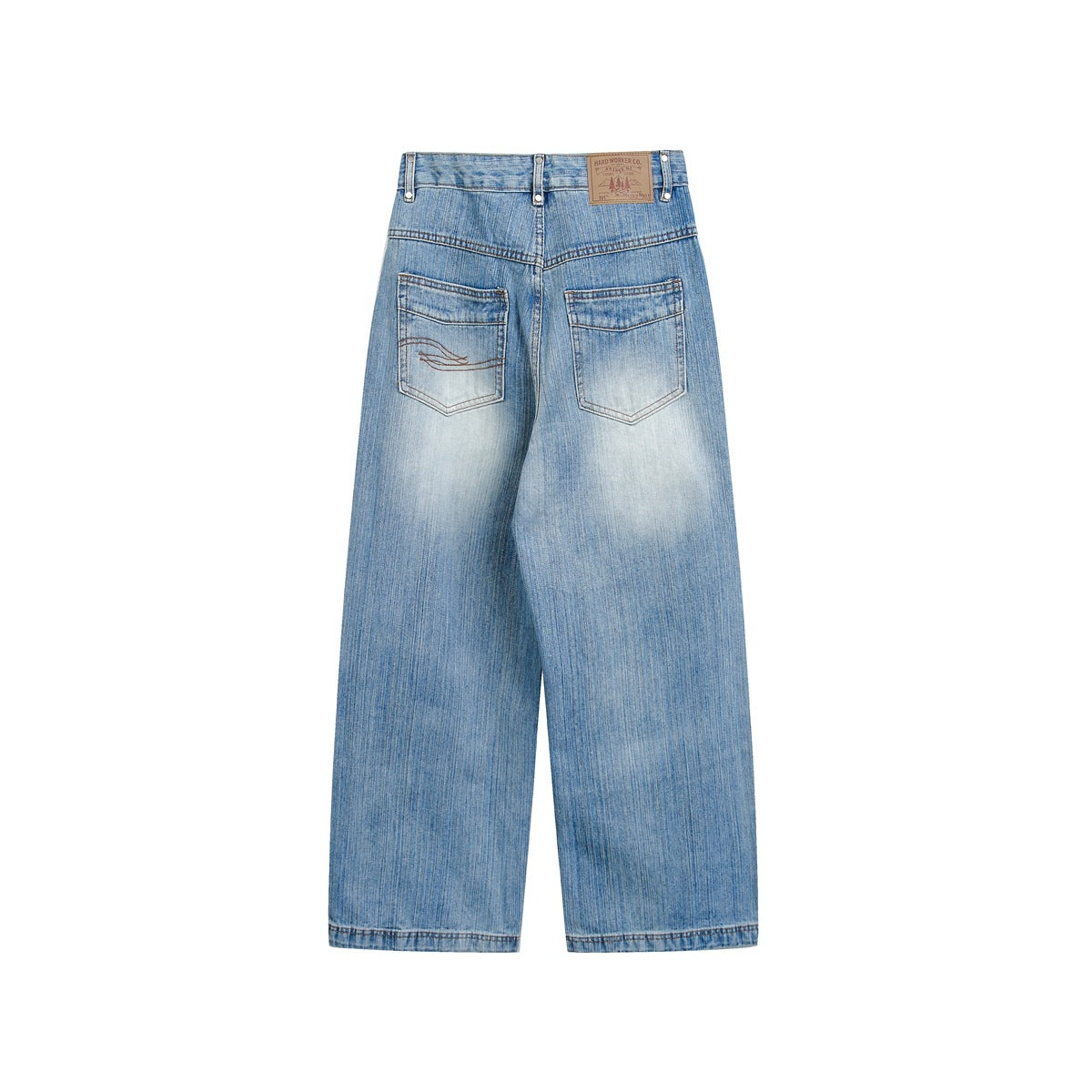 Rear view of light blue wide-leg jeans with two back pockets, faded washes, and a tan waistband patch.