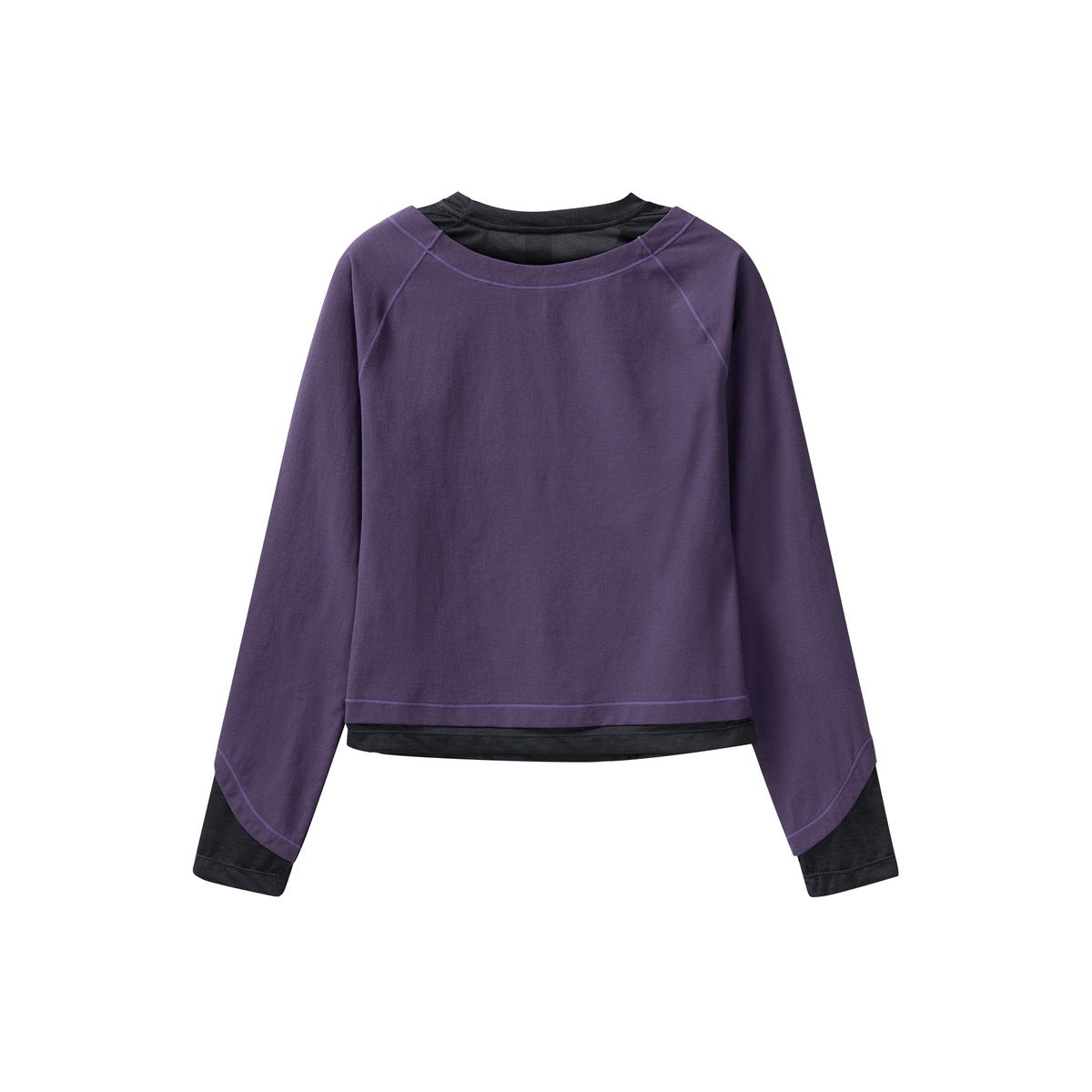 Purple long-sleeve top with black contrast at the neckline, cuffs, and hem, shown flat from the front.