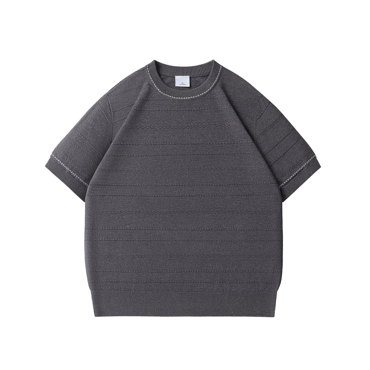 Dark gray short-sleeve knit top with textured horizontal stripes and light contrast stitching at neck and sleeves, flat lay