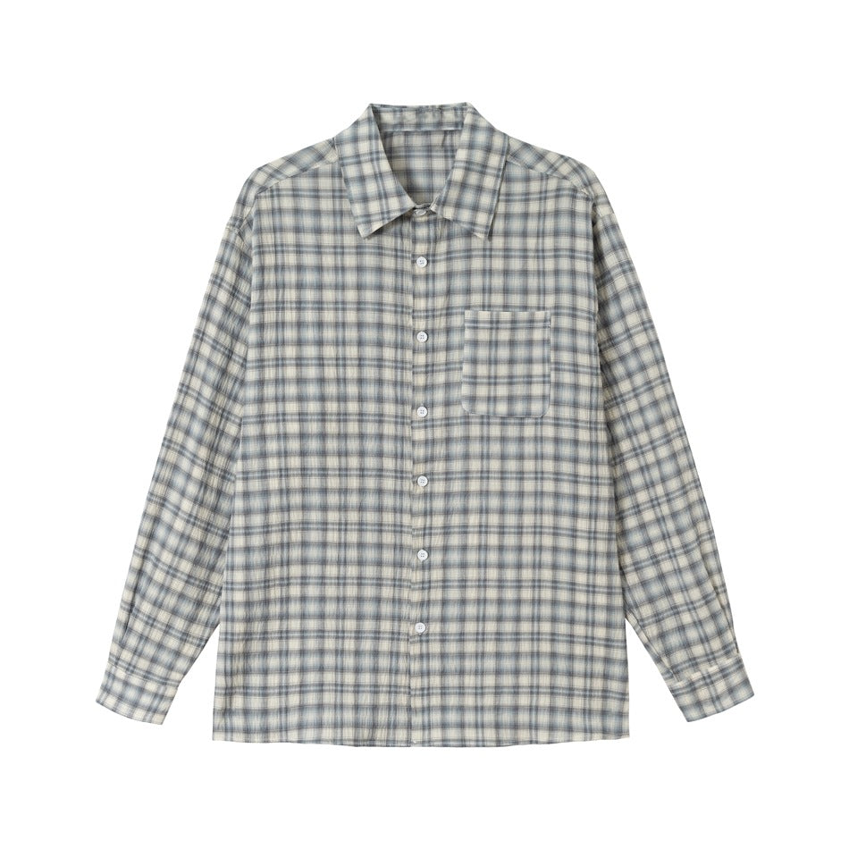 Gray-blue and cream plaid long-sleeve button-up shirt with chest pocket, flat front view on white background