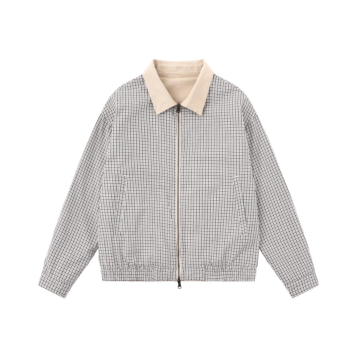Front view of a white and dark fine-check jacket with a light beige collar, center zipper and side pockets.