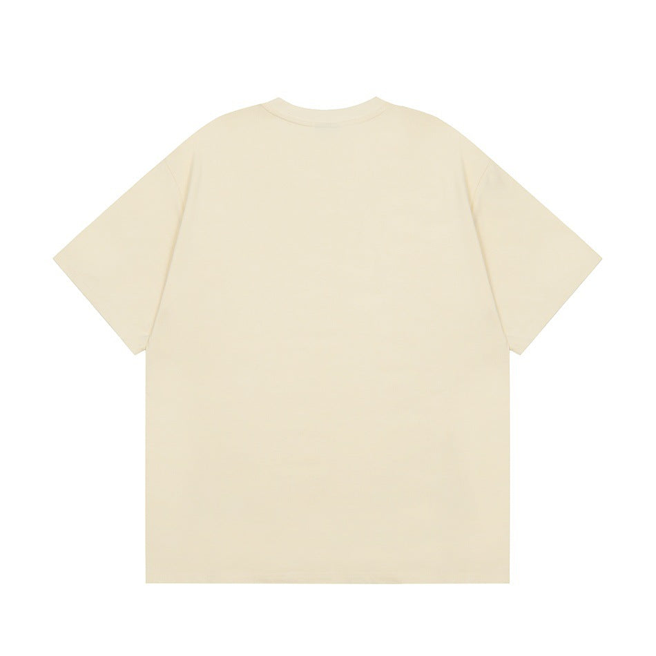 Flat-lay back view of a plain off-white short-sleeve crew-neck T-shirt.