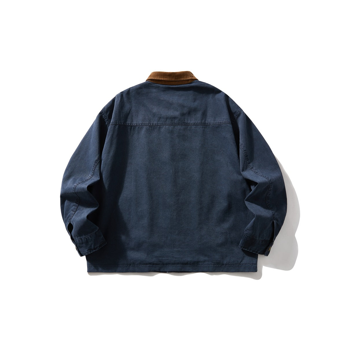 Back view of a navy jacket with a brown collar, long sleeves and a horizontal shoulder seam.