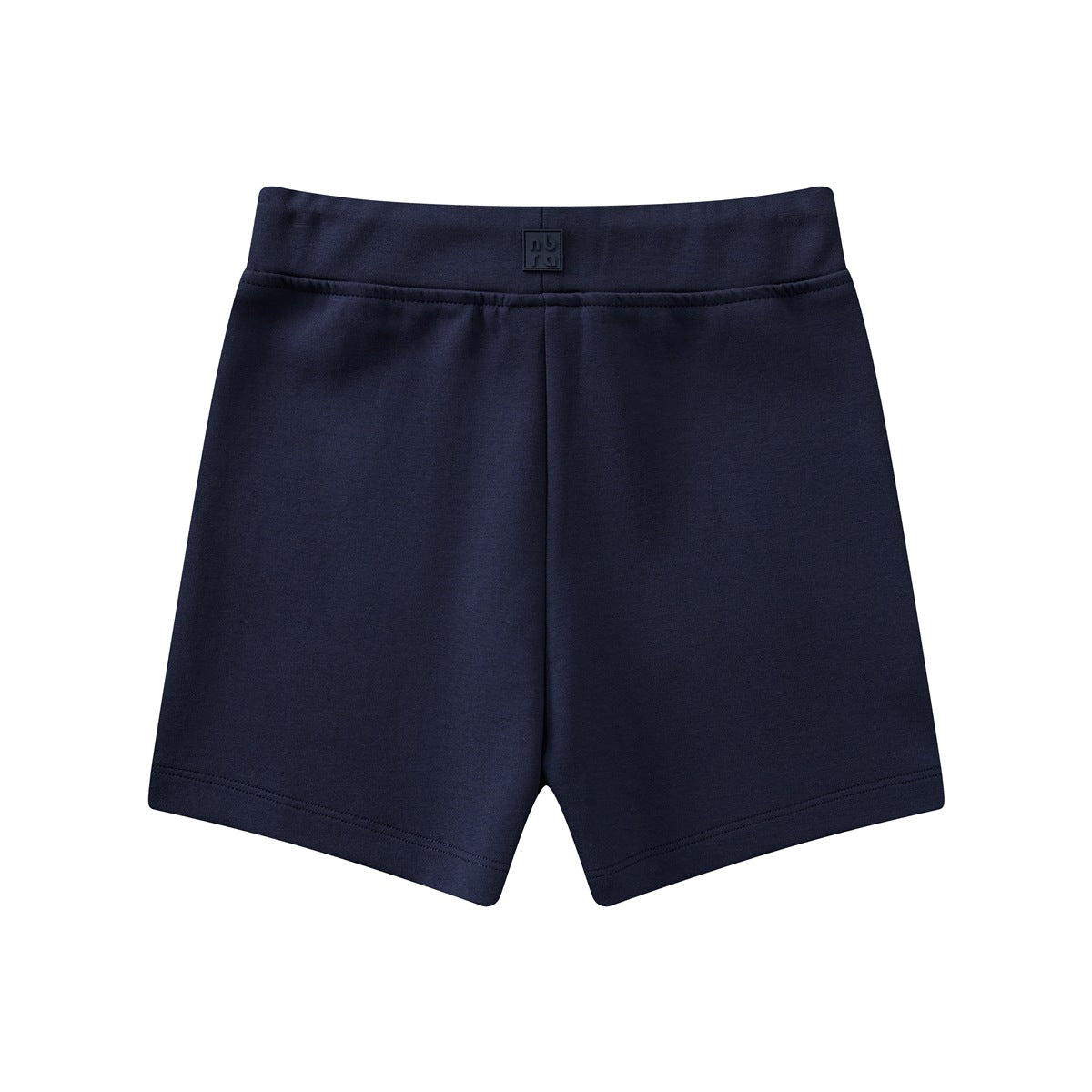Navy blue shorts back view with wide waistband and small logo patch at center back