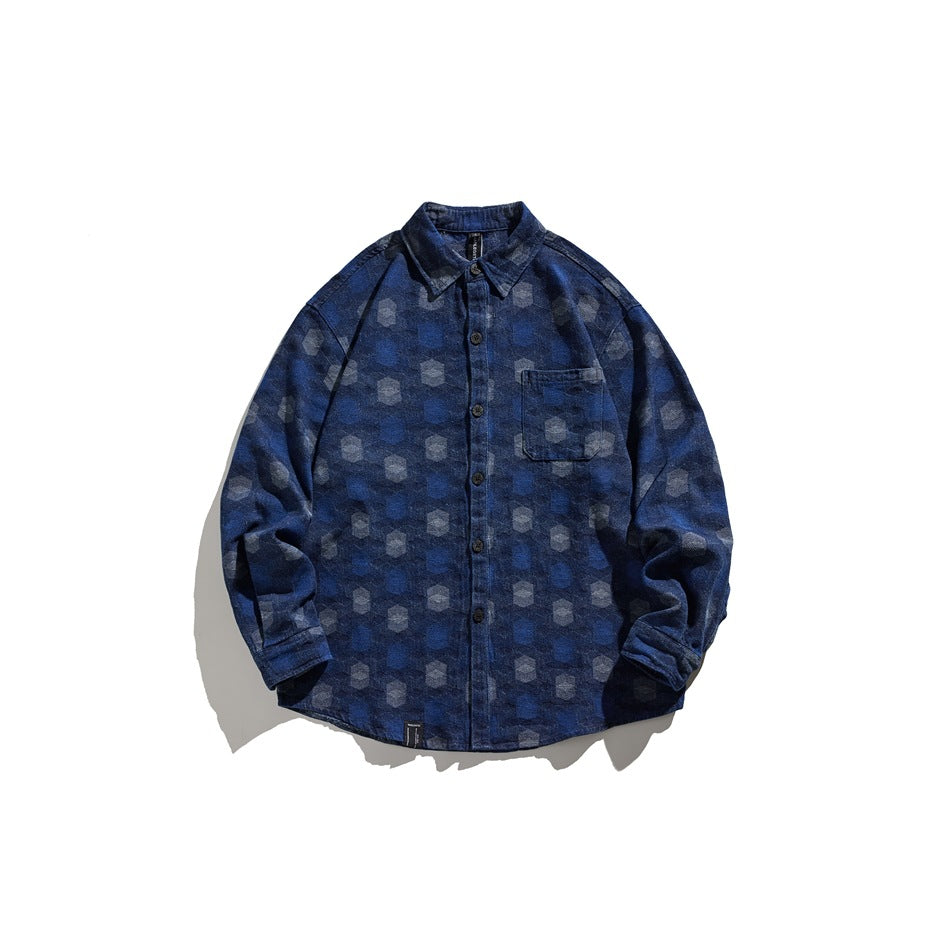 Washed blue long-sleeve button-up shirt with hexagon pattern, chest pocket and collar, flat lay front view