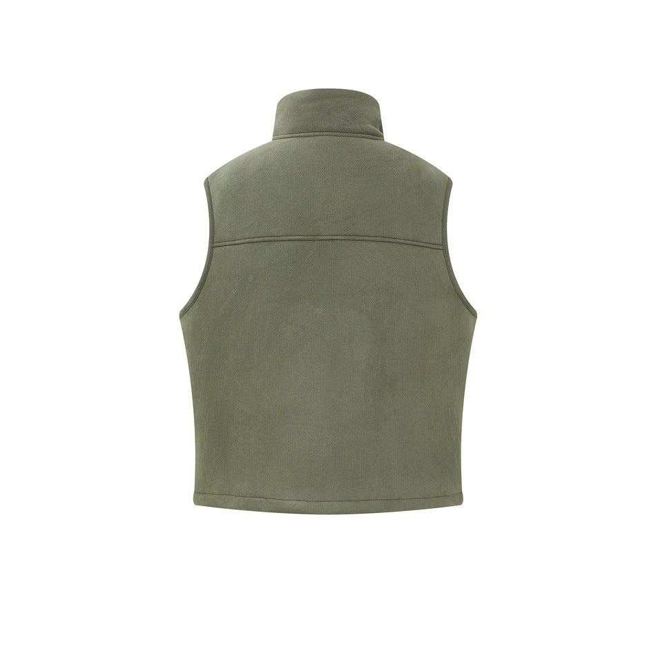 Back view of an olive green sleeveless vest with a raised collar and horizontal shoulder seam.