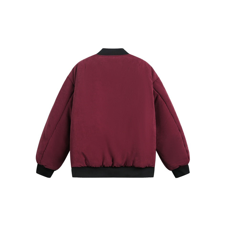Back view of a burgundy bomber jacket with a black ribbed collar, cuffs, and hem.