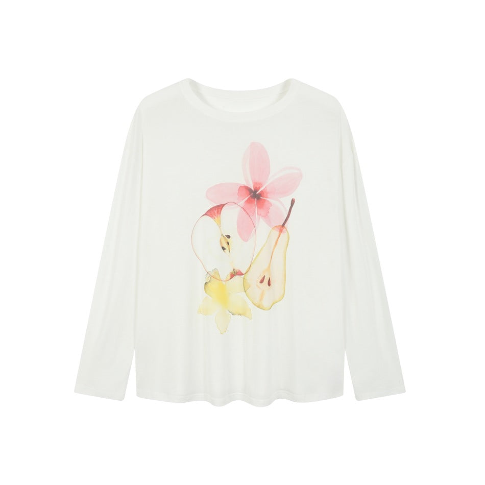 Off-white long-sleeve crew neck top with a watercolor flower, apple and pear print on the front