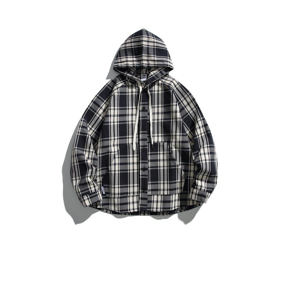 Navy and cream plaid hooded jacket with button front, drawstrings and large front pockets, flat view