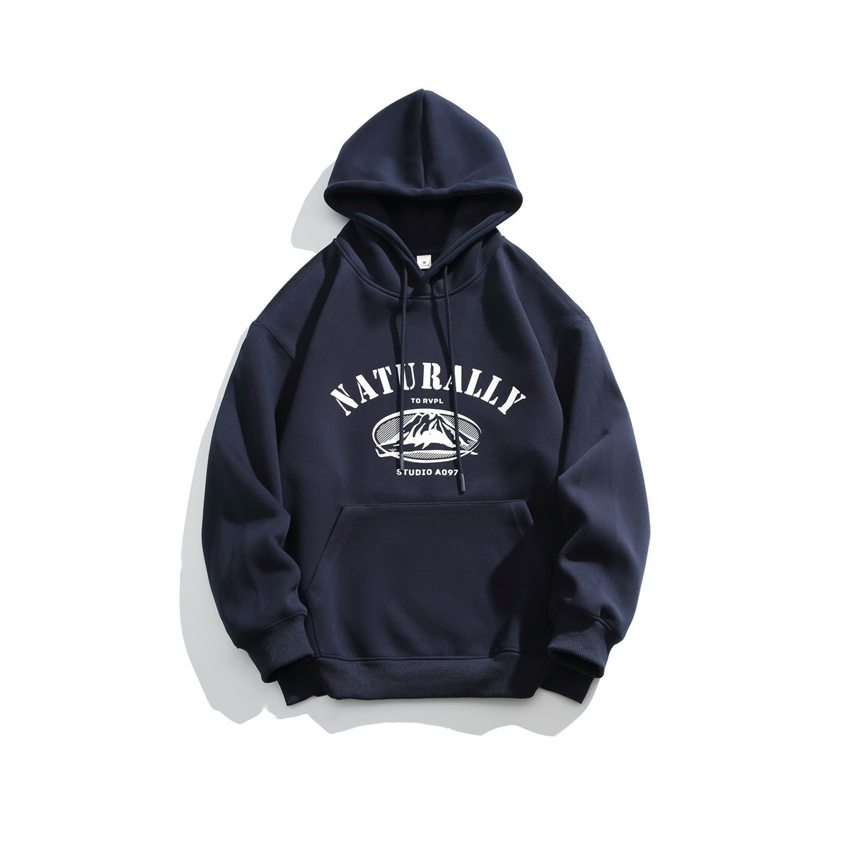 Navy pullover hoodie with white NATURALLY mountain graphic, drawstring hood, kangaroo pocket and ribbed hem, flat lay
