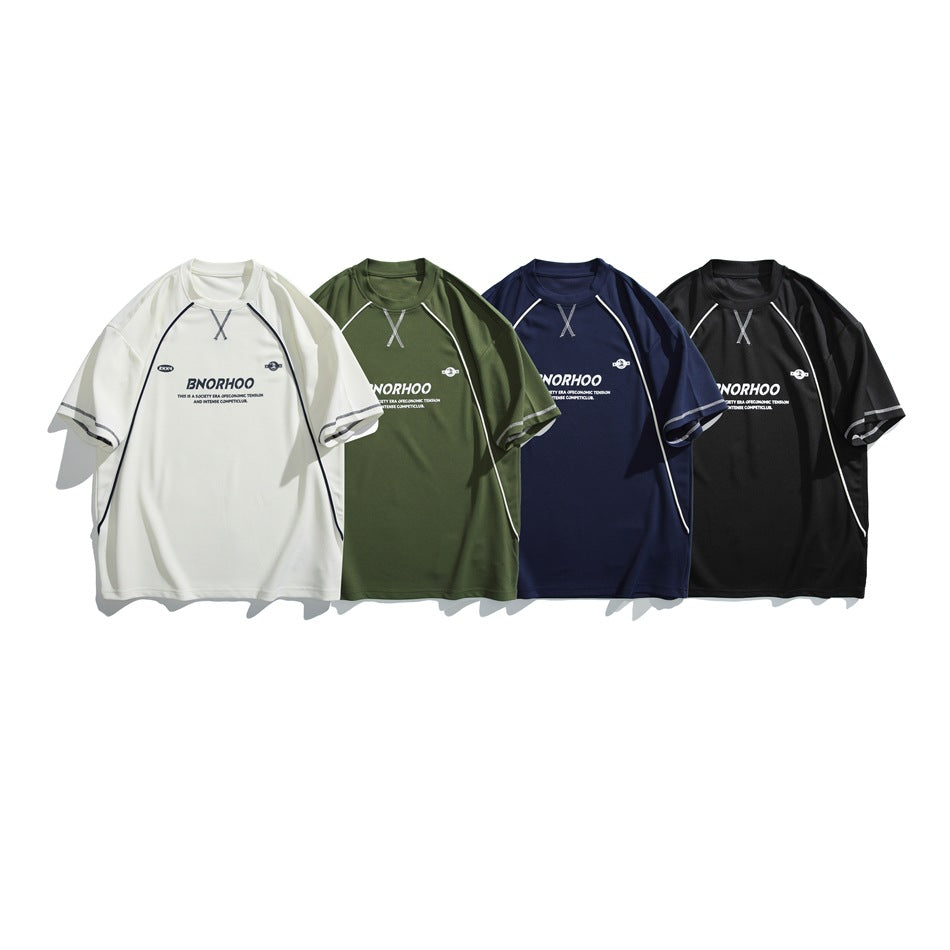 Four short-sleeve athletic T-shirts displayed together in white, olive green, navy, and black.