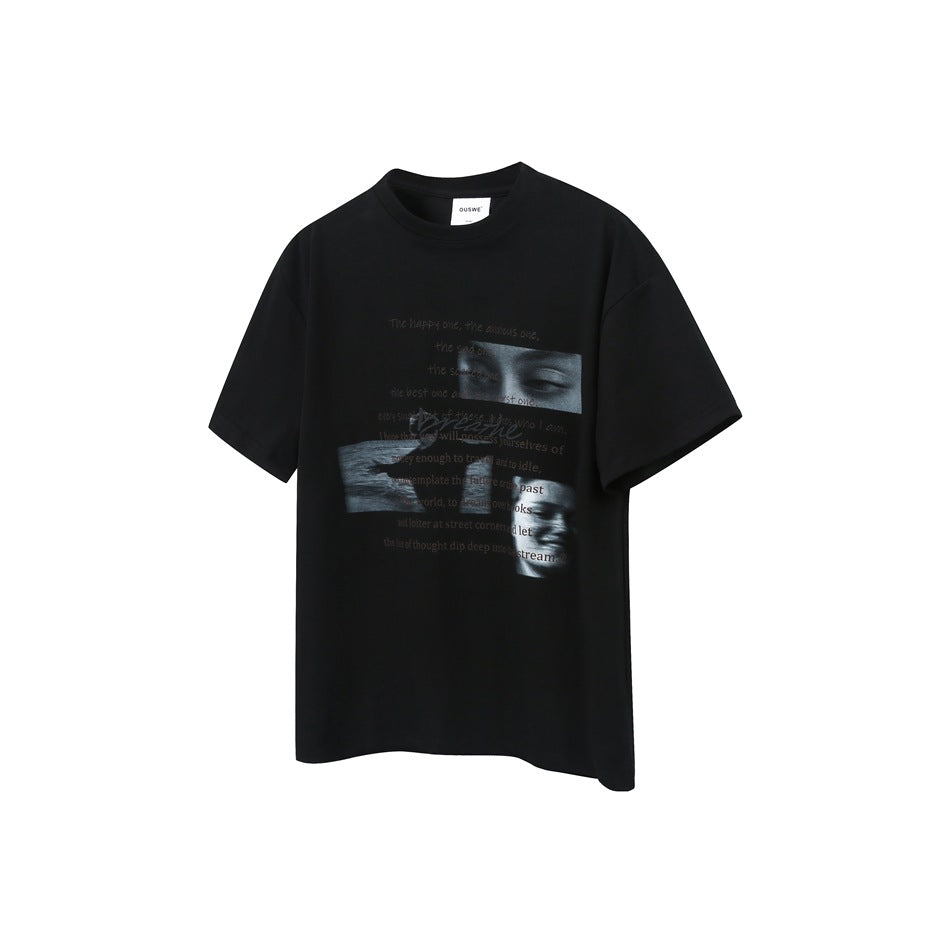 Black short-sleeve crew-neck T-shirt with faded gray script text and three photo-style panels printed on the chest