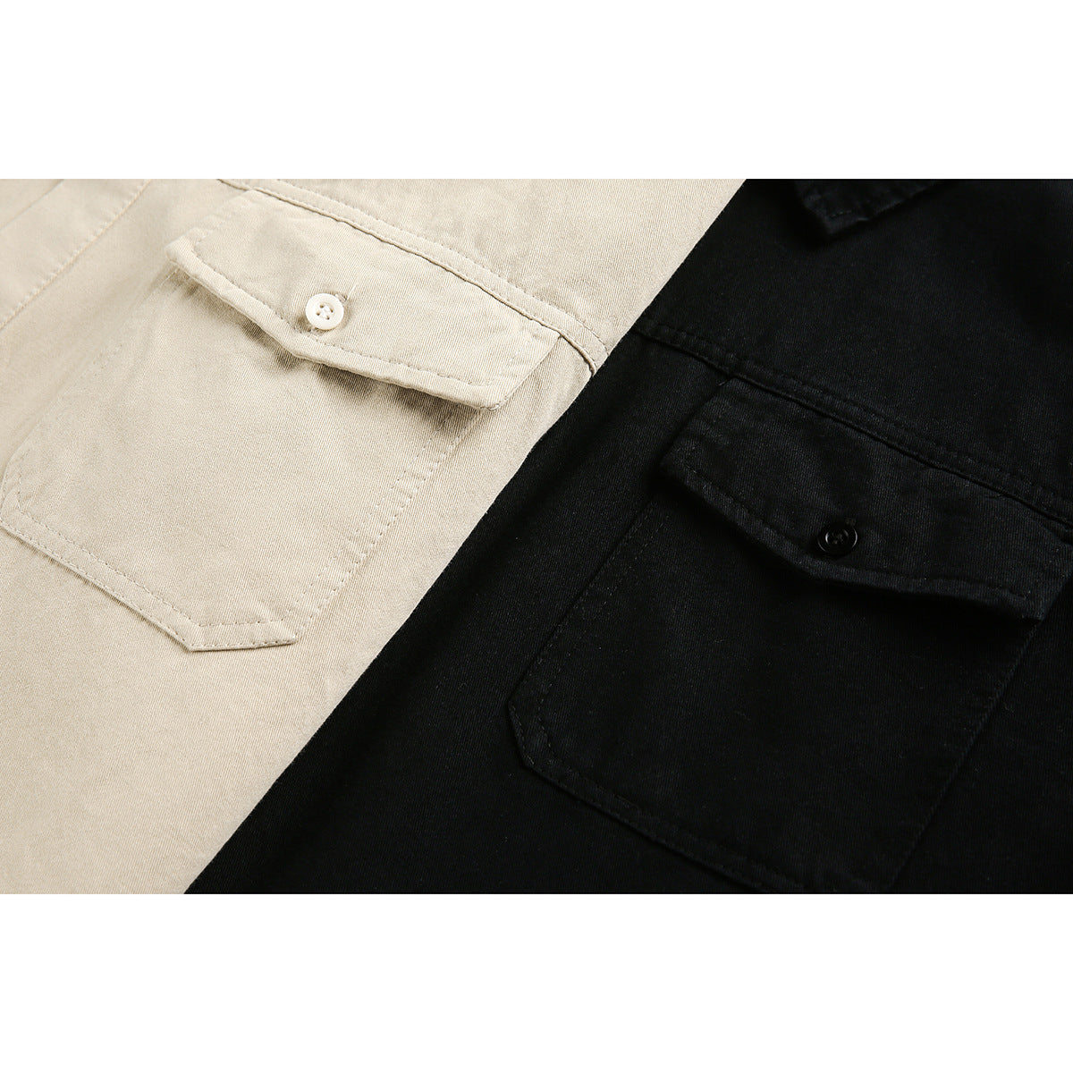 Close-up of beige and black shirts showing buttoned chest pockets and stitching.