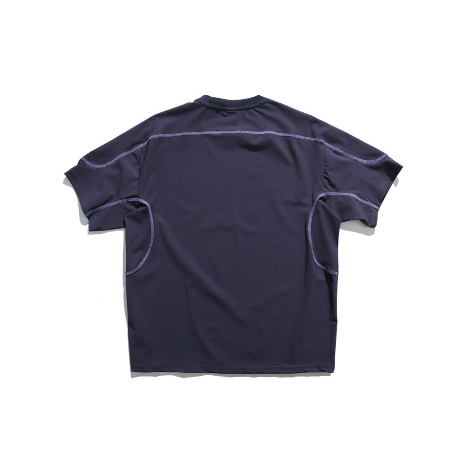Back view of a dark navy short-sleeve shirt with purple contrast stitching.
