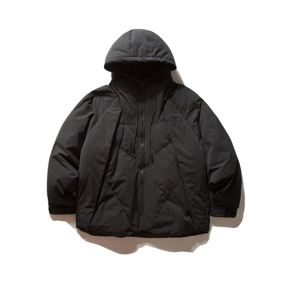 Black hooded zip jacket shown from the front, with long sleeves and a straight hem.