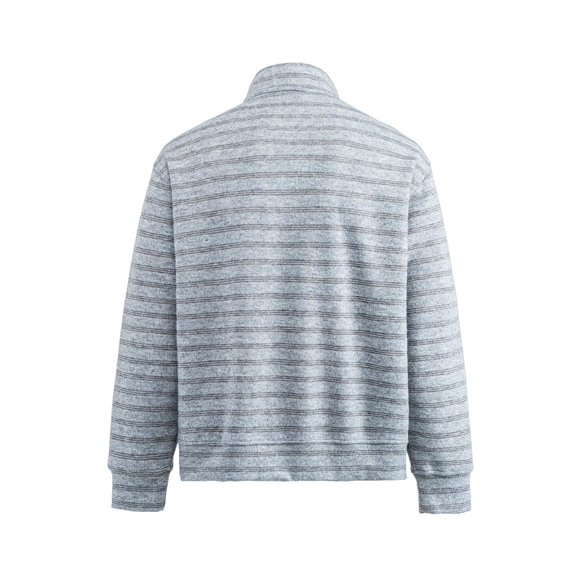 Back view of a light gray pullover with subtle horizontal stripes, long sleeves, and a stand collar.