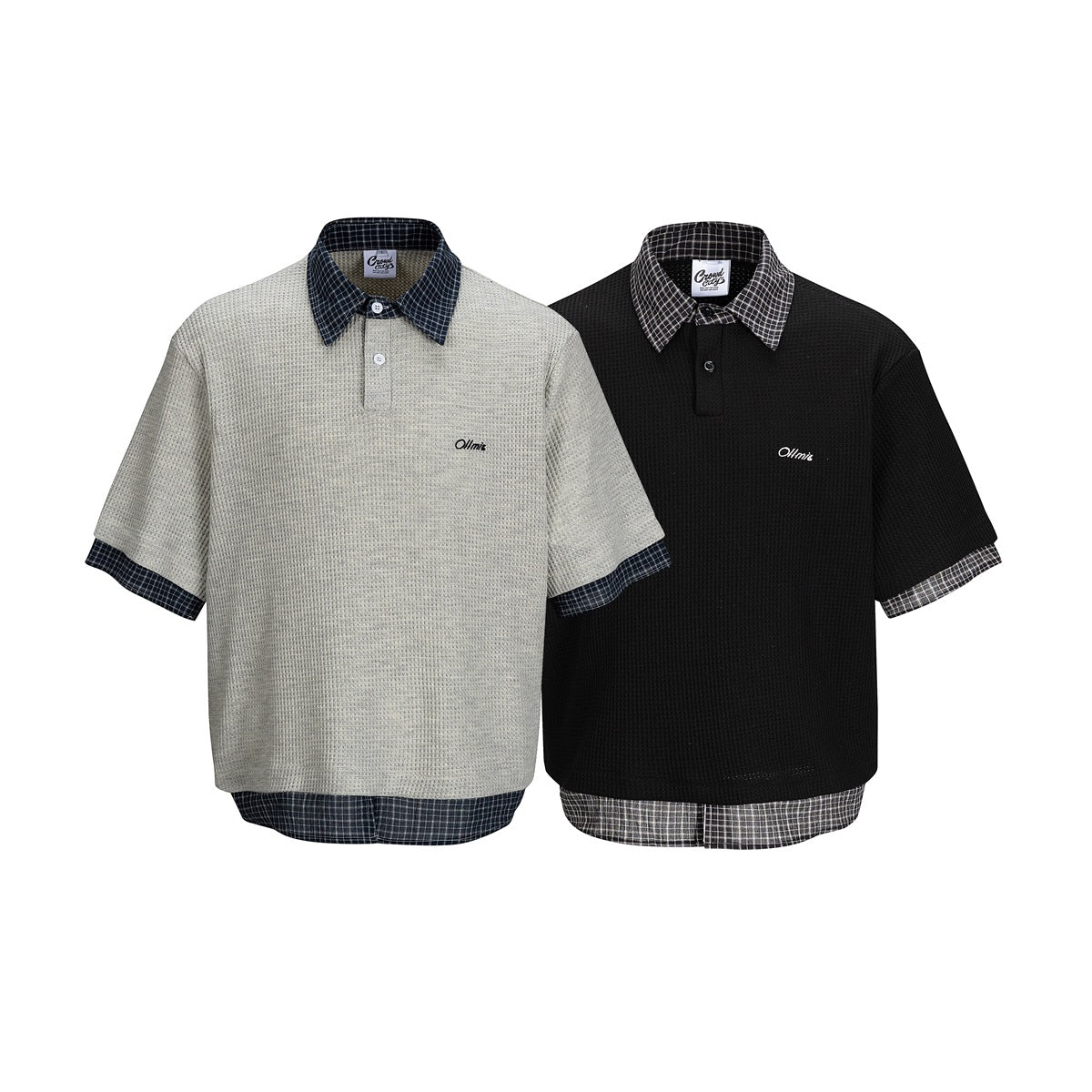 Two short-sleeve polos: one light gray with navy plaid trim and one black with gray plaid trim.