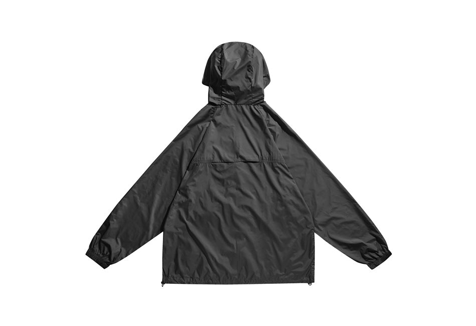 Back view of a black hooded jacket with long sleeves, elastic cuffs, and a horizontal upper-back seam.