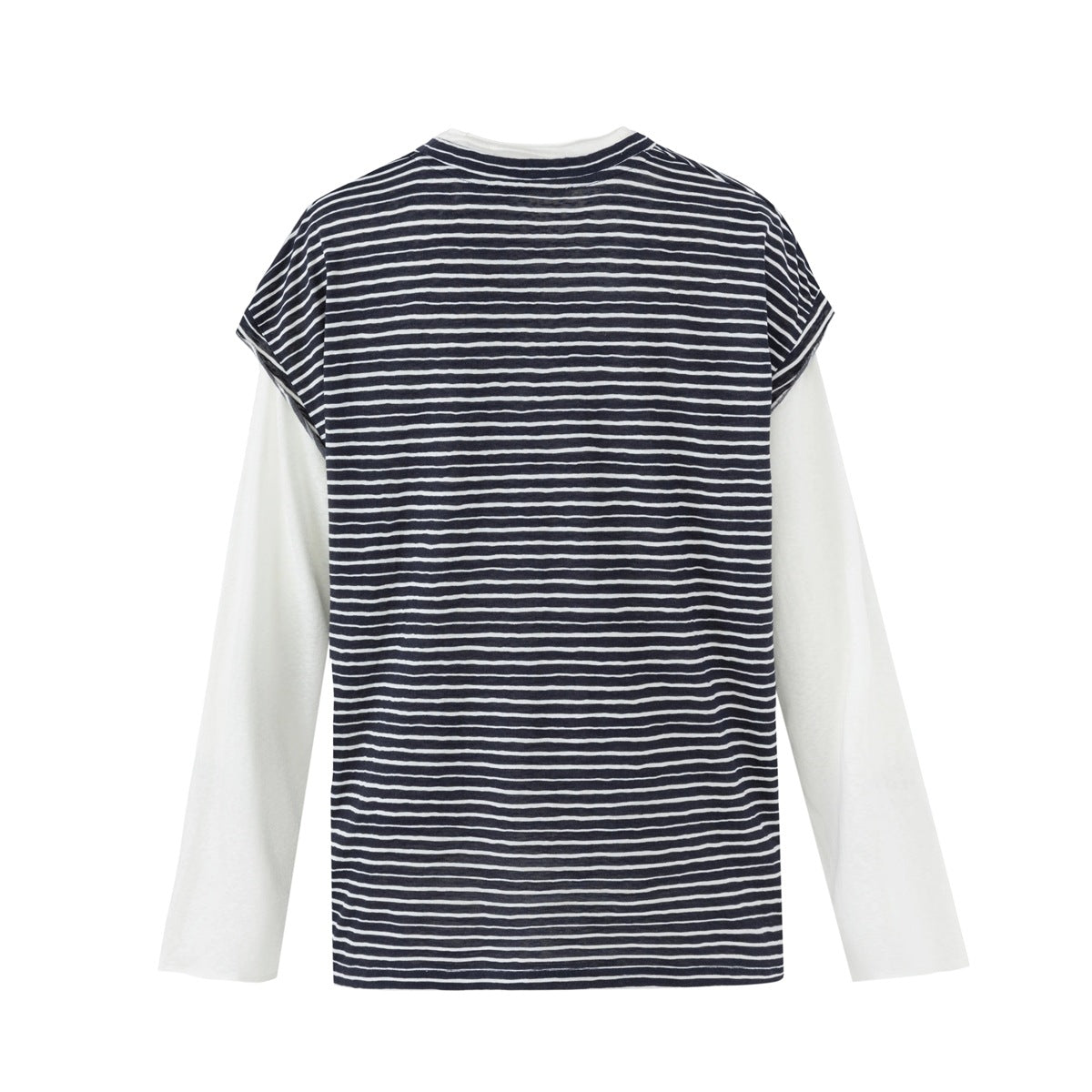 Back view of a black-and-white striped sleeveless top layered over a plain white long-sleeve shirt.