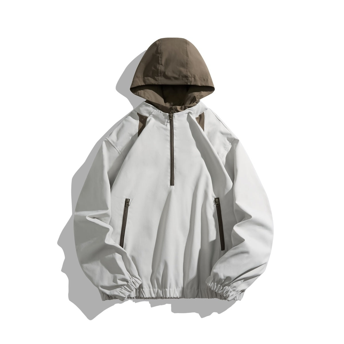 Light gray half-zip hooded jacket with brown hood, brown zippers and elastic cuffs and hem, front flat view