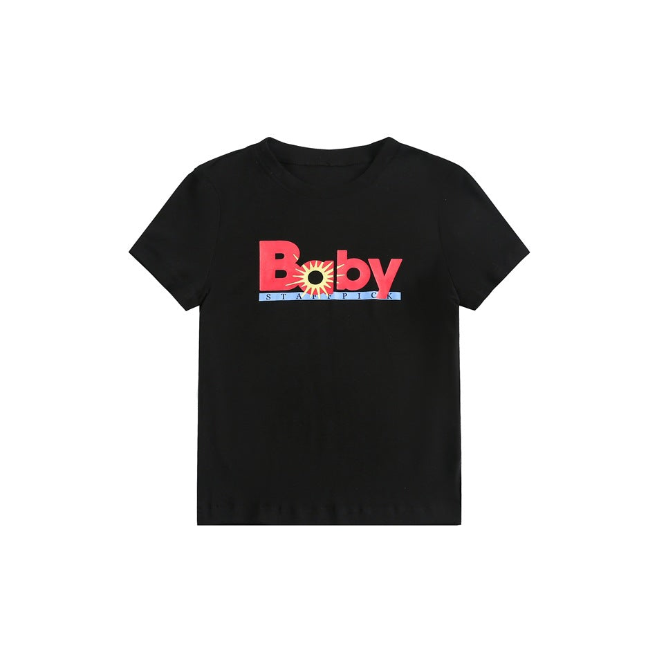 Black short-sleeve crew-neck T-shirt with red 'Baby' sunburst graphic print on the chest, flat front view