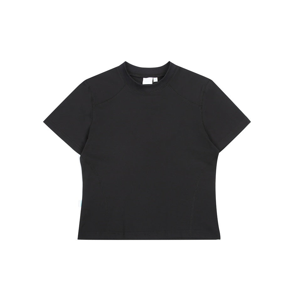 Black short-sleeve crew-neck T-shirt with raglan seams and curved side seams, flat lay front view