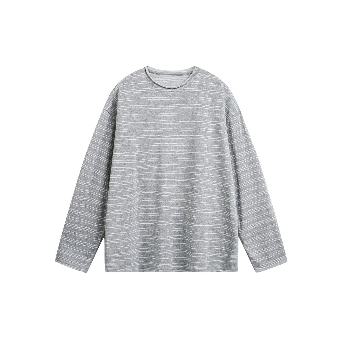 Gray long-sleeve crew neck top with fine white horizontal stripes, flat lay front view
