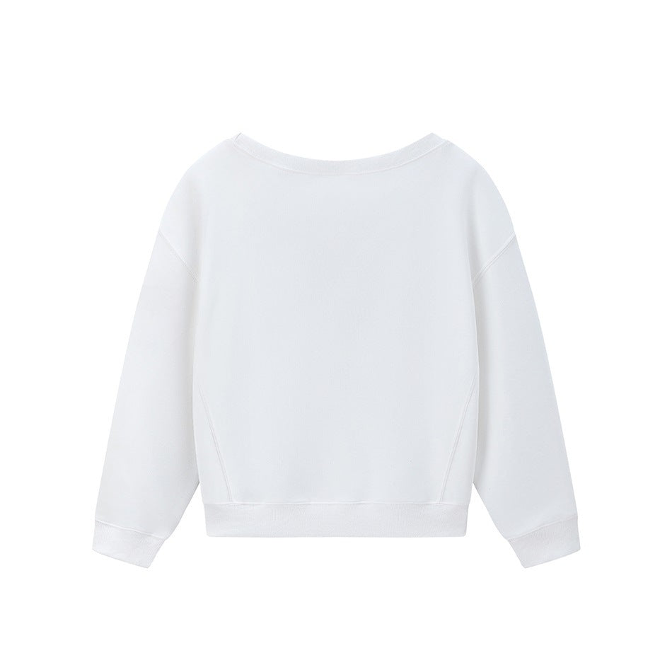 Back view of white crew-neck sweatshirt with ribbed hem and cuffs and curved side panel seams