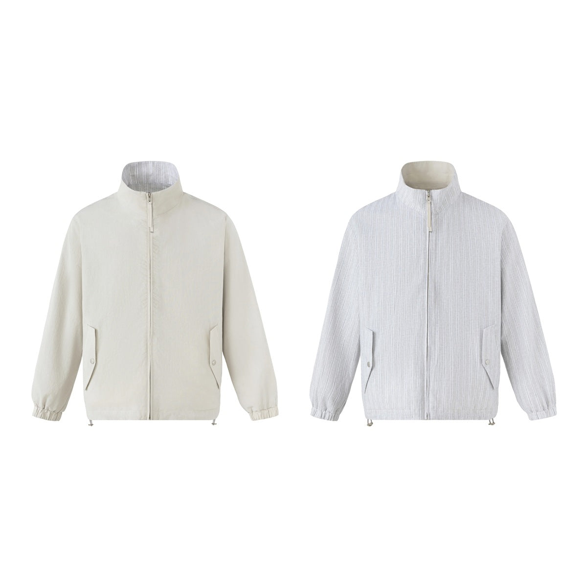 Two front views of a stand-collar zip jacket: one solid pale beige and one light gray with vertical stripes.