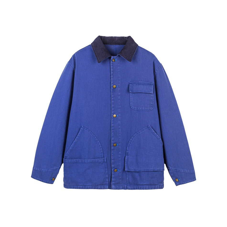 Blue chore jacket flat lay with navy corduroy collar, snap buttons, chest flap pocket and two large front pockets