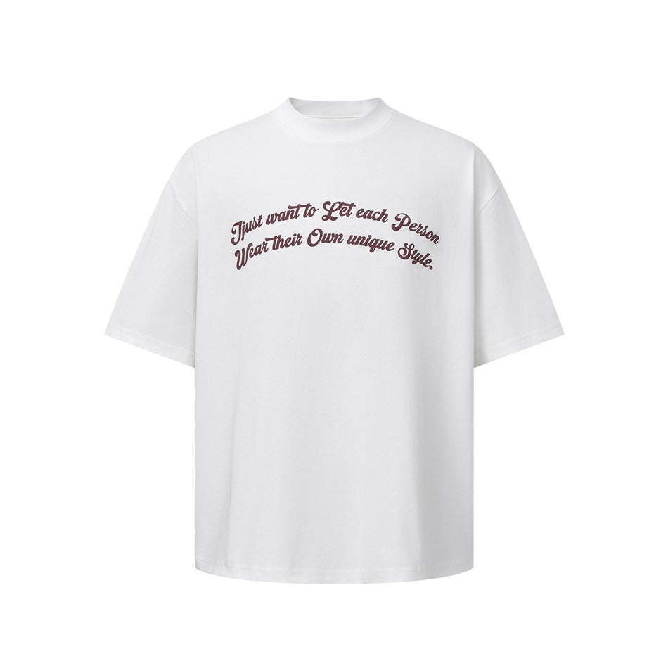 White short-sleeve T-shirt with burgundy script slogan printed across the chest, flat front view