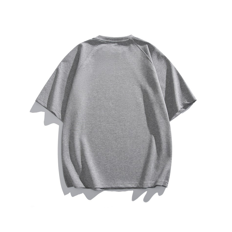 Back view of a plain heather gray short-sleeve crewneck raglan top.